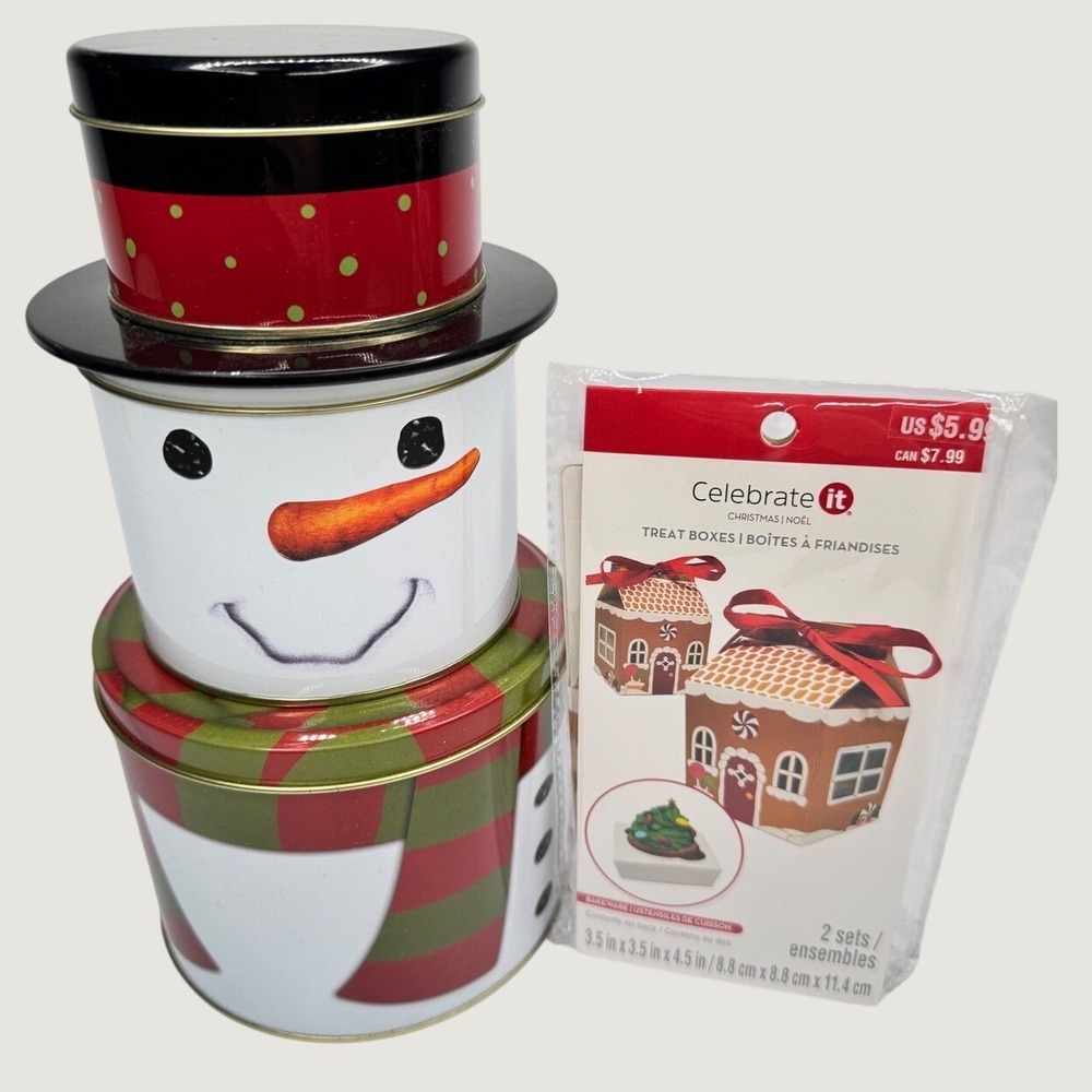 Celebrate It Snowman Stacking Tins & Gingerbread House Treat Boxes Christmas Set